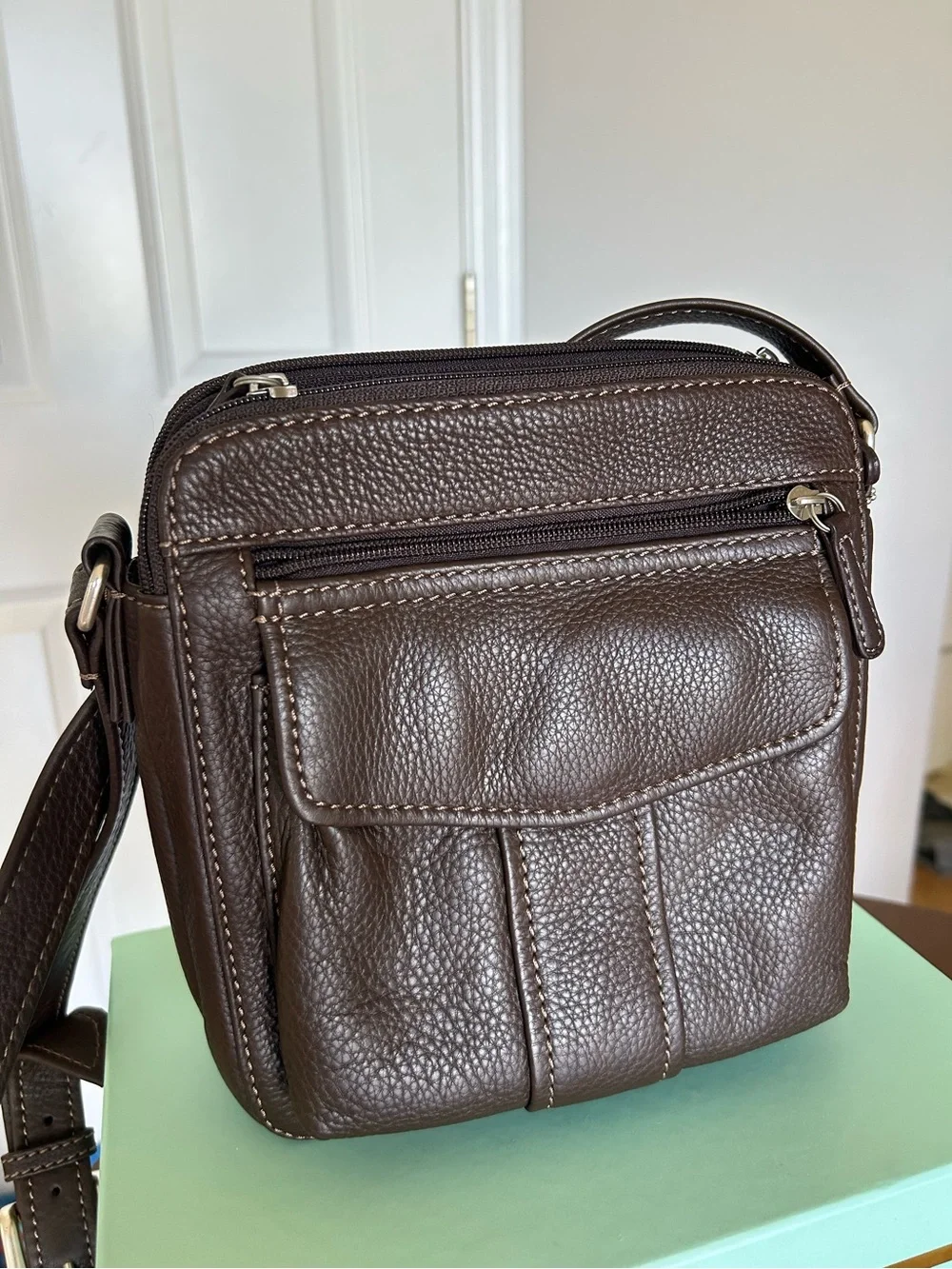 Fossil Dark Brown Pebbled Leather Messenger Crossbody